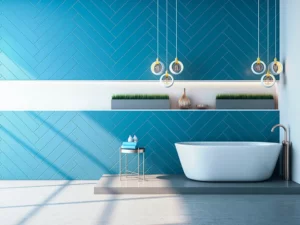 Wandgestaltung im Bad mit Fliesen im Fischgrätverband